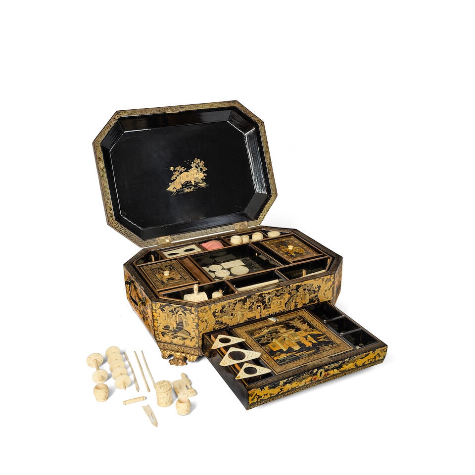 A Chinese export black and gilt lacquered work box together with a Chinese black, polychrome and... - 3
