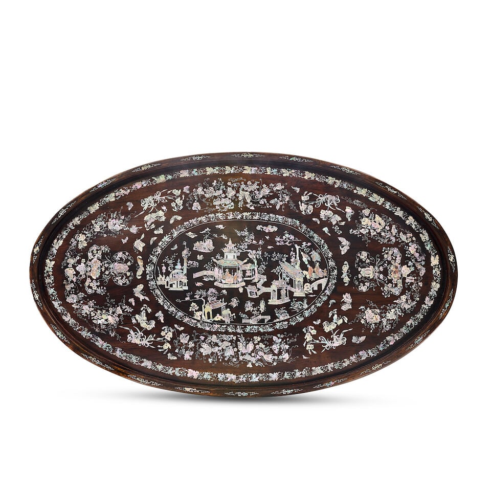 A good Chinese mother of pearl and abalone inlaid hardwood oval tray Qing dynasty, probably seco...: A good Chinese mother of pearl and abalone inlaid hardwood oval tray Qing dynasty, probably second half 19th century The centre decorated with an elaborate figural pagoda landscape within a floral