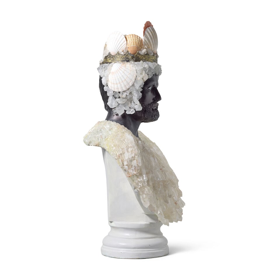 A shell and quartz specimen mounted black resin bust of NeptuneIn the manner of Anthony Redmile - 2