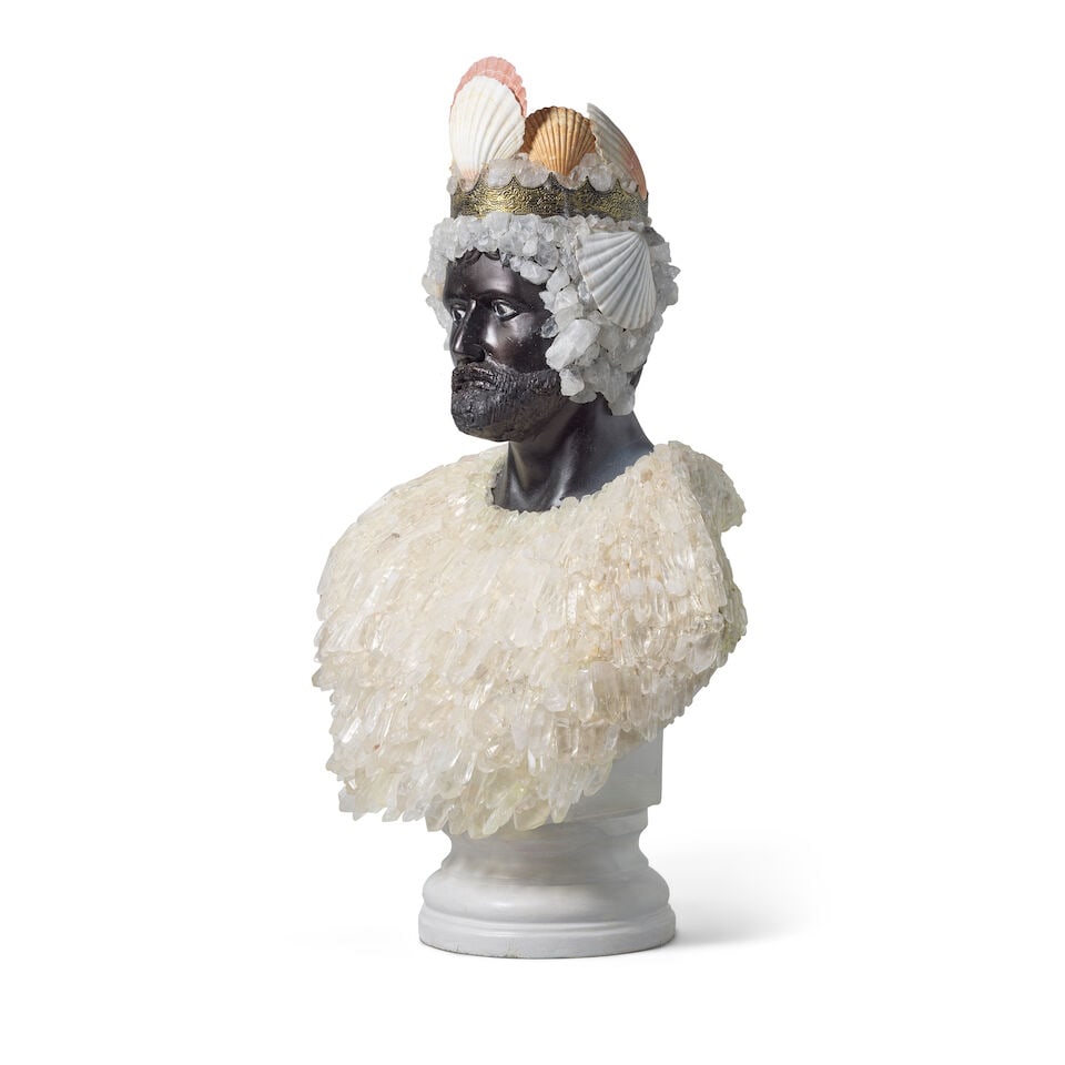 A shell and quartz specimen mounted black resin bust of NeptuneIn the manner of Anthony Redmile - 4