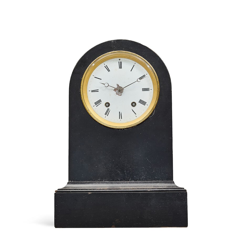 A mahogany wall clock together with an ebonised table clock, a small brass skeleton timepiece wi... - 4