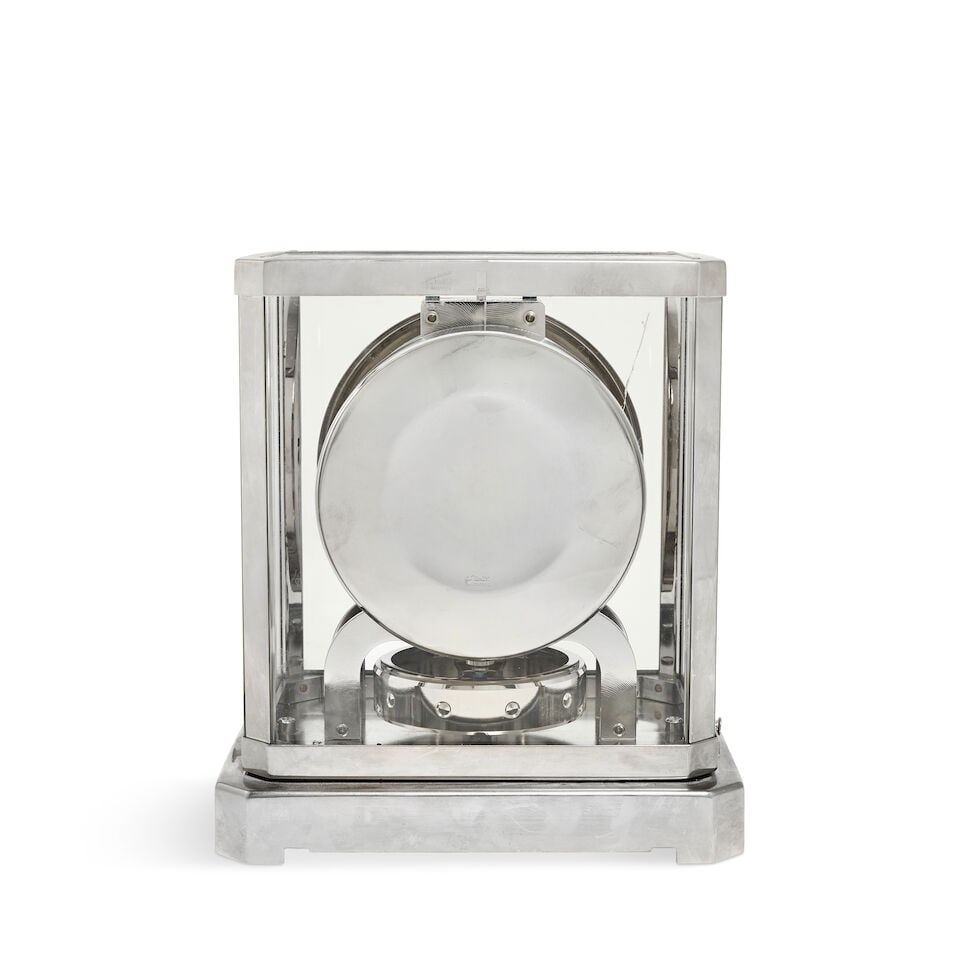 A Jaeger Le Coultre rhodium plated Atmos Timepiece Mid 20th century, the base marked Atmos Le Co... - 2