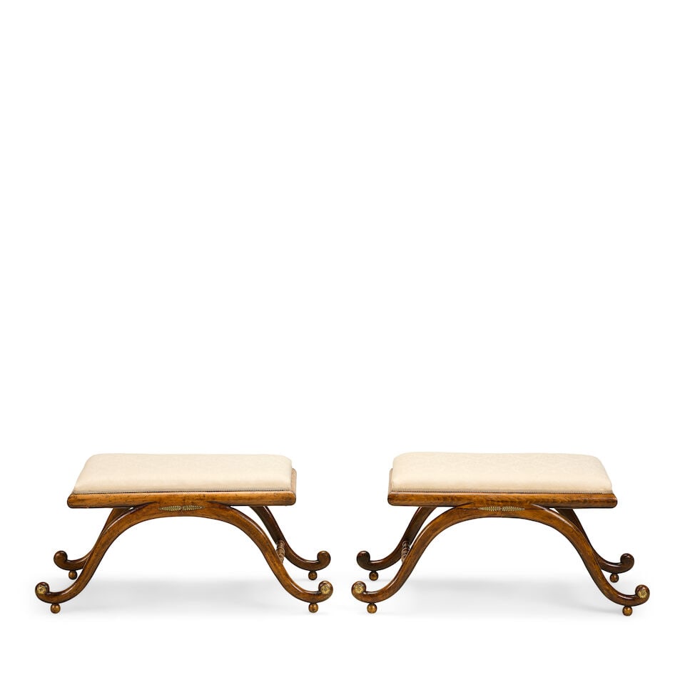 A pair of stained beech x-frame low seats or stools In the Regency style (2) - 4