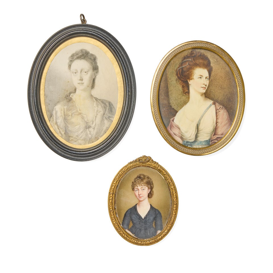 Attributed to Ozias Humphry (English, 1742-1810): An oval ivory miniature portrait miniature of ... (1 of 2)