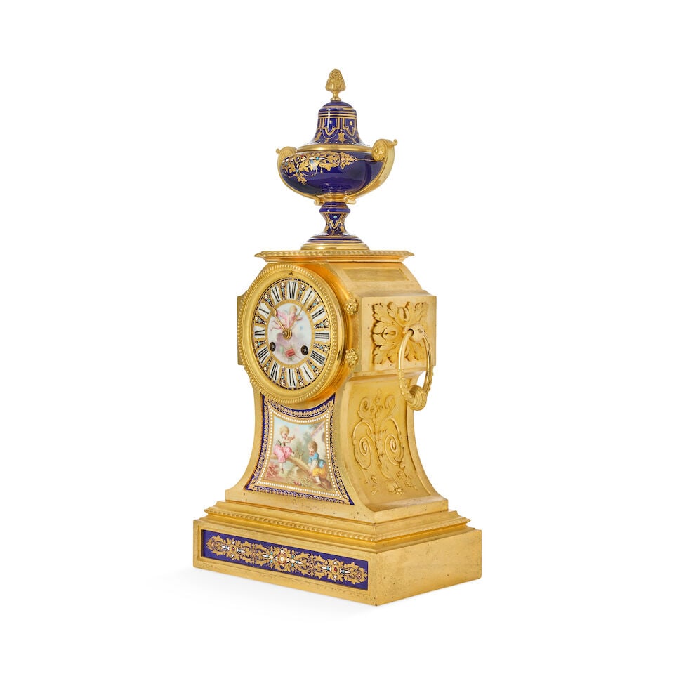A late 19th century French gilt bronze and Sèvres style porcelain inset mantel clock - 3