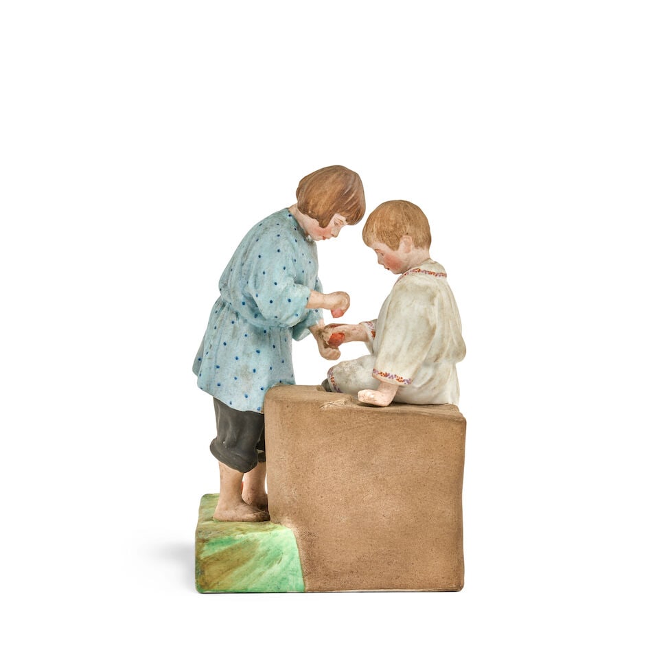 A porcelain group of young boy & girl playing with Easter eggs Gardner Porcelain Factory, Moscow... - 2