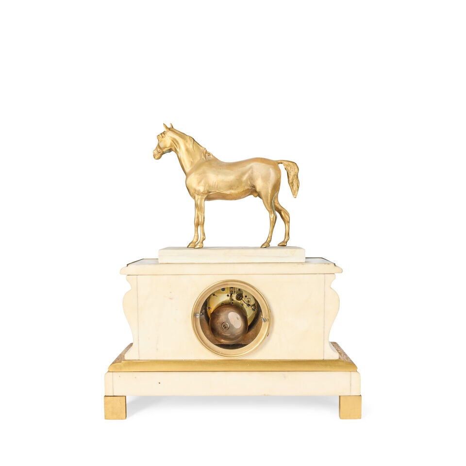 A late 19th and later French gilt bronze and white marble equestrian mantel clock The movement s... - 2