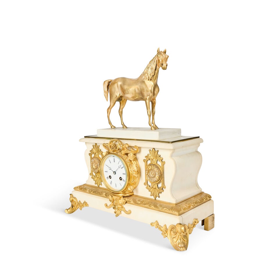 A late 19th and later French gilt bronze and white marble equestrian mantel clock The movement s... - 3