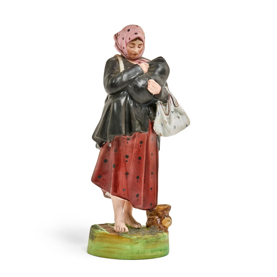 A peasant woman with child and bundle Cruel FateGardner Porcelain Factory, Moscow, late 19th - e...: A peasant woman with child and bundle Cruel Fate Gardner Porcelain Factory, Moscow, late 19th - early 20th century modelled as a peasant woman wearing a patterned burgundy skirt, a black coat and a pi