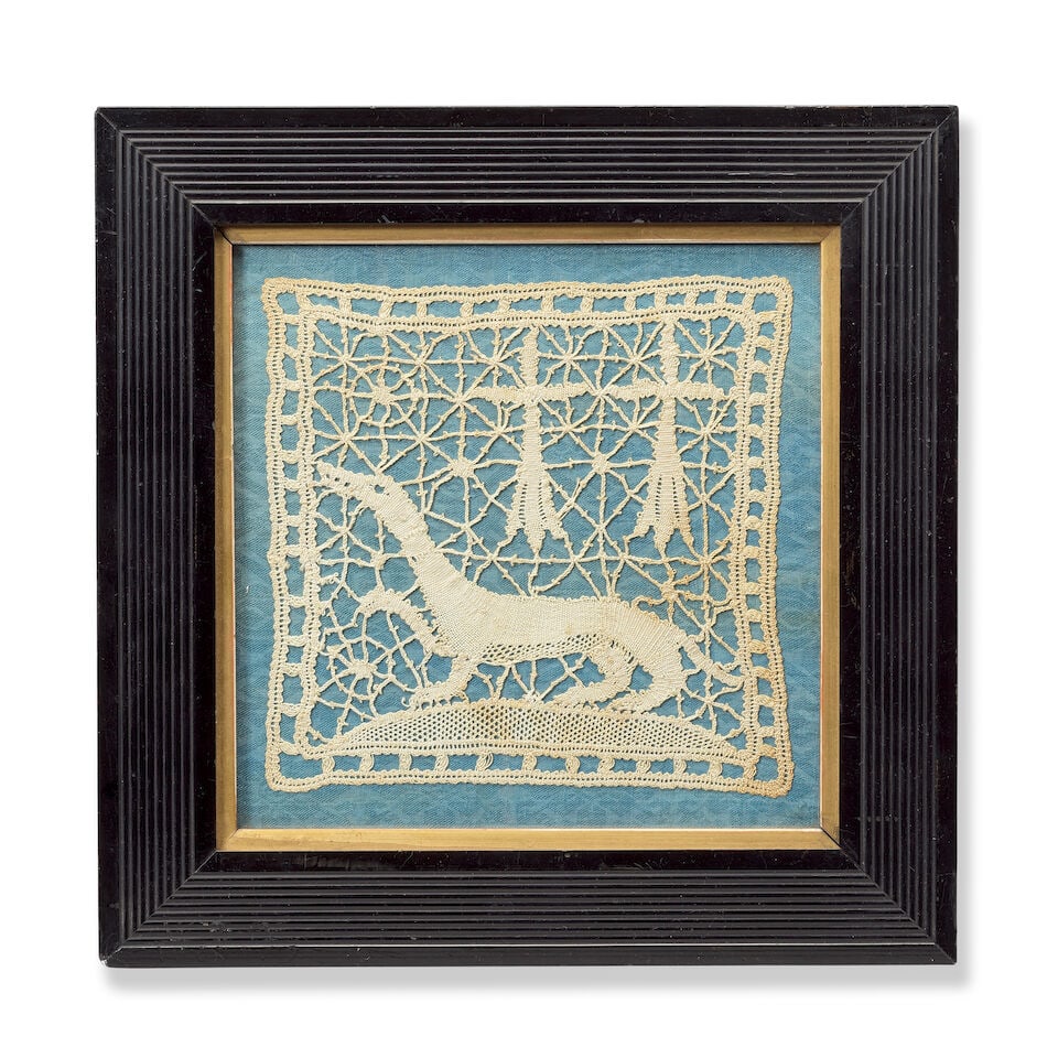 A French bobbin lace heraldic host cover depicting the coat of arms of the Order of the Ermine ...: A French bobbin lace heraldic host cover depicting the coat of arms of the Order of the Ermine 17th century, Cluny lace With an ermine raising a paw, and two stylised plaited ears of wheat to the top