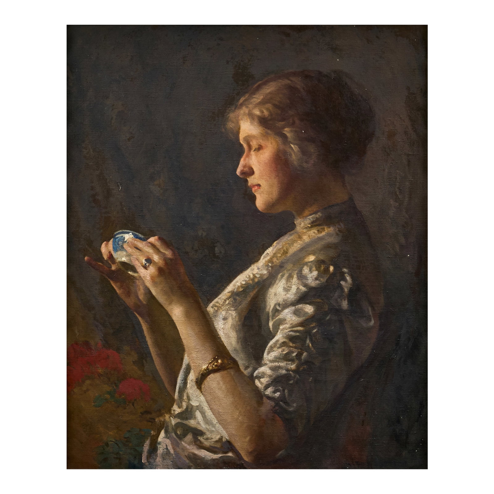 JOSEPH DECAMP (1858-1923) The Silver Waist 30 x 25 in. (76.2 x 63.5 cm.) (Painted circa 1915.): JOSEPH DECAMP (1858-1923) The Silver Waist indistinctly signed and dated 'JOSEPH DE CAMP 19[...]' (lower right) and titled on labels from the Museum of Fine Arts, Boston, and the National Academy of D