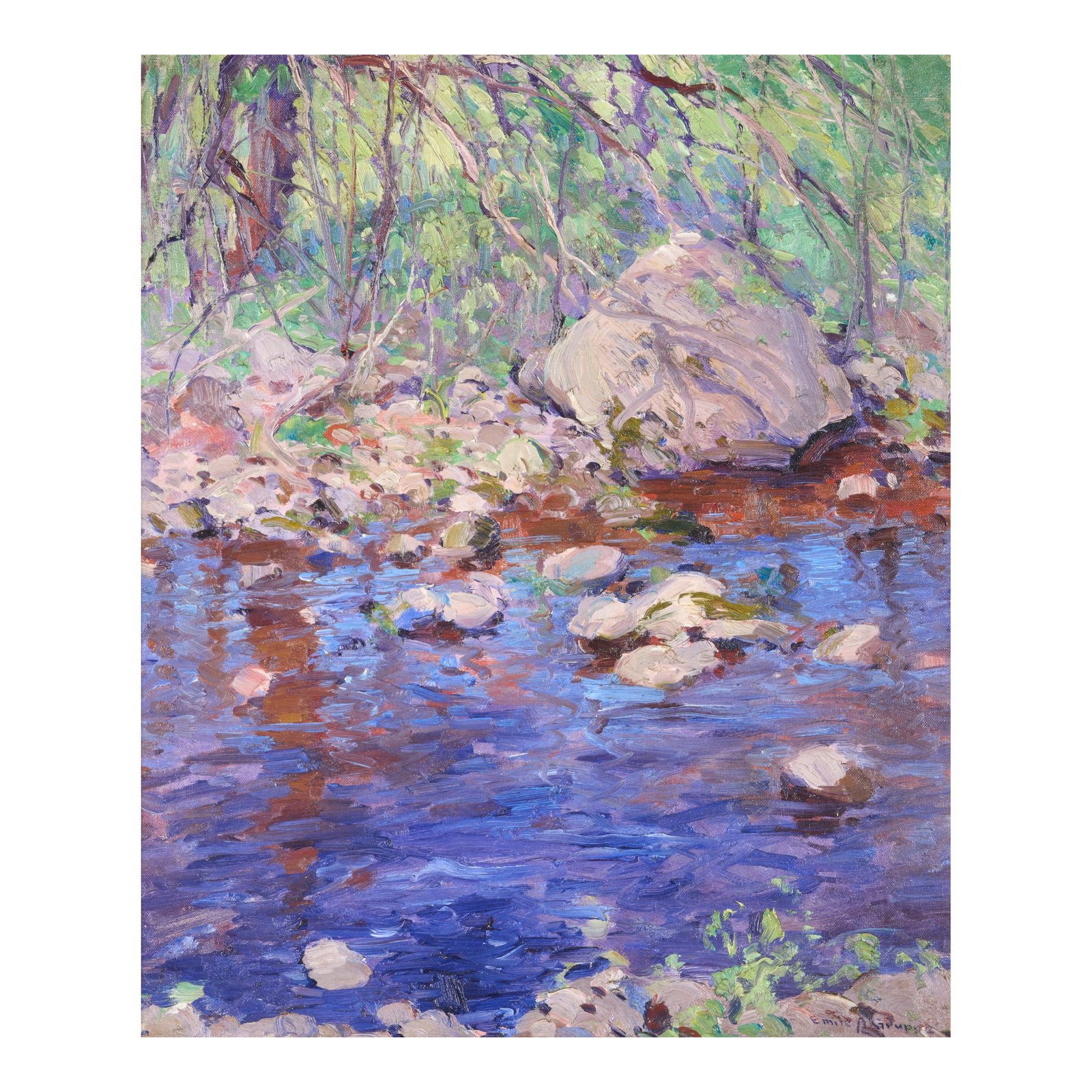 EMILE GRUPPE (1896-1978) Morning Along Creek 24 x 20 in. (61 x 50.8 cm.) (Painted in 1928.): EMILE GRUPPE (1896-1978) Morning Along Creek signed 'Emile A. Gruppé' (lower right) and inscribed with title, signed again and dated '1928' (on the reverse) oil on canvas 24 x 20 in. (61 x 50.8 c