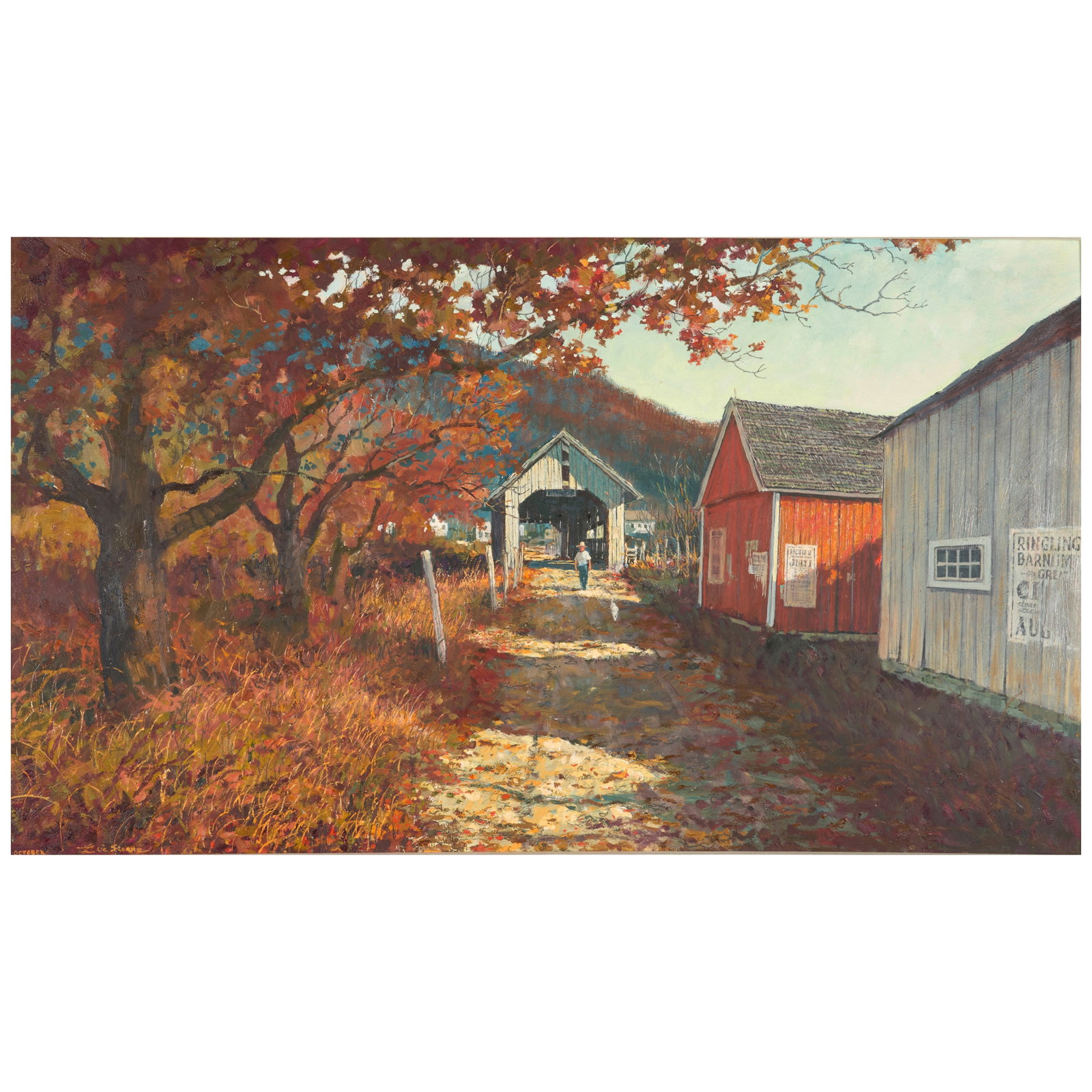 ERIC SLOANE (1905-1985) October Landscape with a Covered Bridge and Barns 24 x 42 in. (61 x 106.... (1 of 1)