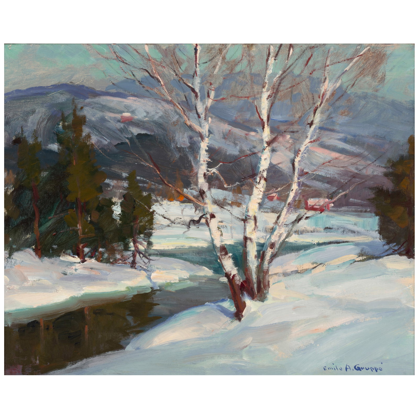 EMILE GRUPPE (1896-1978) Vermont Birches and Winter Stream 16 x 20 in. (40.6 x 50.8 cm.): EMILE GRUPPE (1896-1978) Vermont Birches and Winter Stream signed 'Emile A. Gruppe' (lower right) oil on canvasboard 16 x 20 in. (40.6 x 50.8 cm.) Footnotes: Provenance Private collection, Pennsylvani