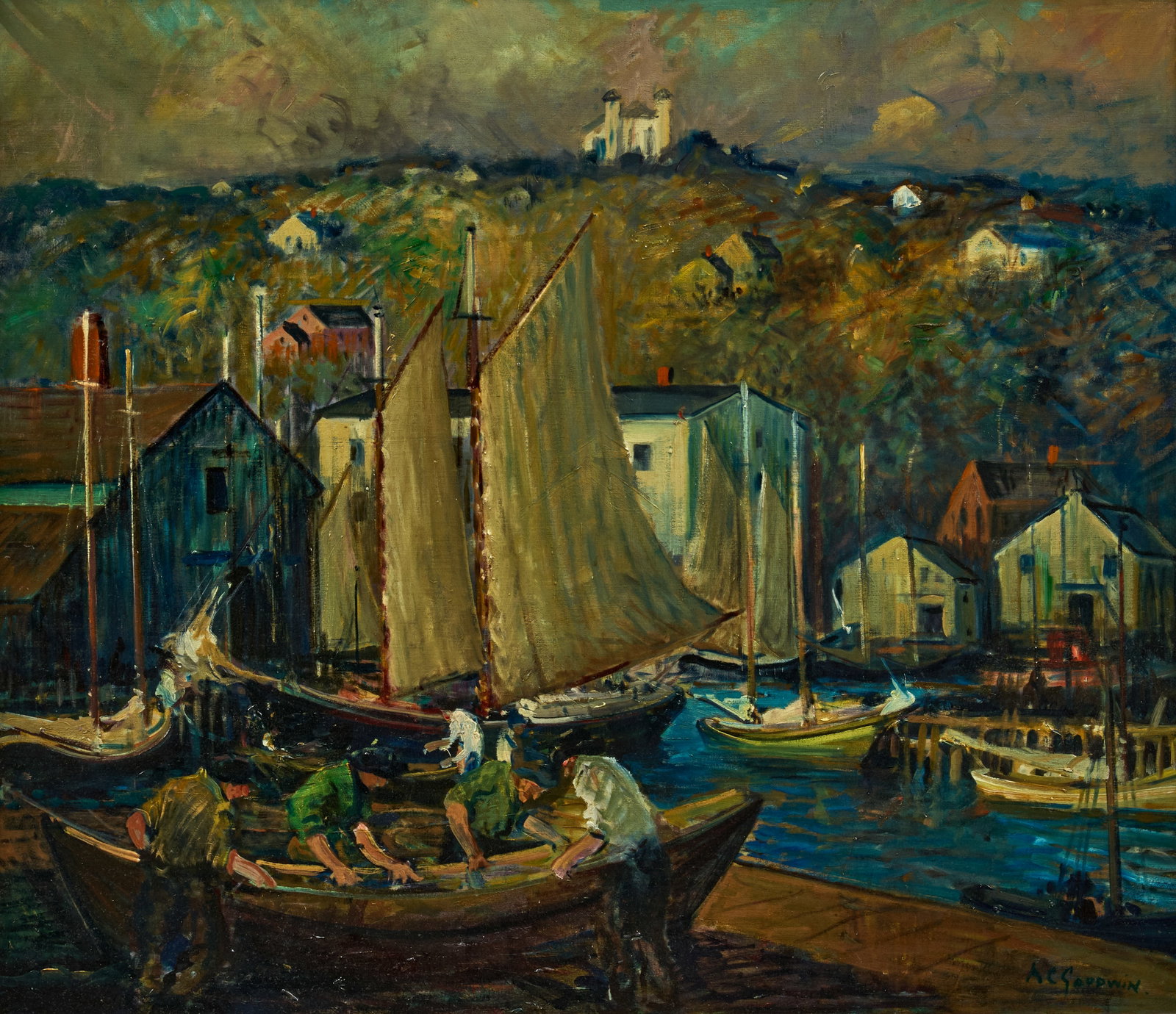 ARTHUR CLIFTON GOODWIN (1864-1929) Gloucester Harbor 38 x 44 in. (96.5 x 111.8 cm.): ARTHUR CLIFTON GOODWIN (1864-1929) Gloucester Harbor signed 'AC Goodwin.' (lower right) oil on canvas 38 x 44 in. (96.5 x 111.8 cm.) Footnotes: Provenance [With] Vose Galleries, Boston. Private co