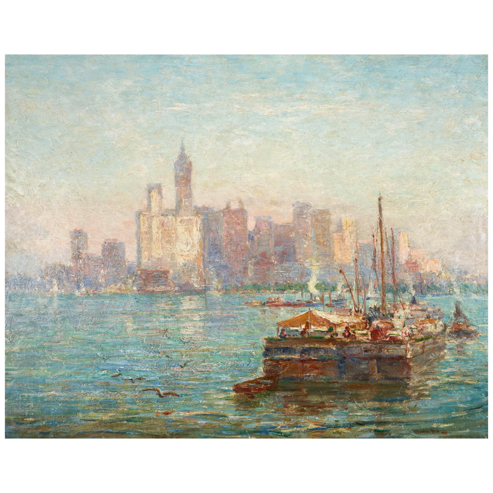 REYNOLDS BEAL (1867-1951) Lower Manhattan Skyline 28 3/4 x 35 3/4 in. (73 x 90.8 cm.) (Painted i...: REYNOLDS BEAL (1867-1951) Lower Manhattan Skyline signed and dated 'Reynolds Beal 1910' (lower right) oil on canvas 28 3/4 x 35 3/4 in. (73 x 90.8 cm.) Painted in 1910. Footnotes: Provenance