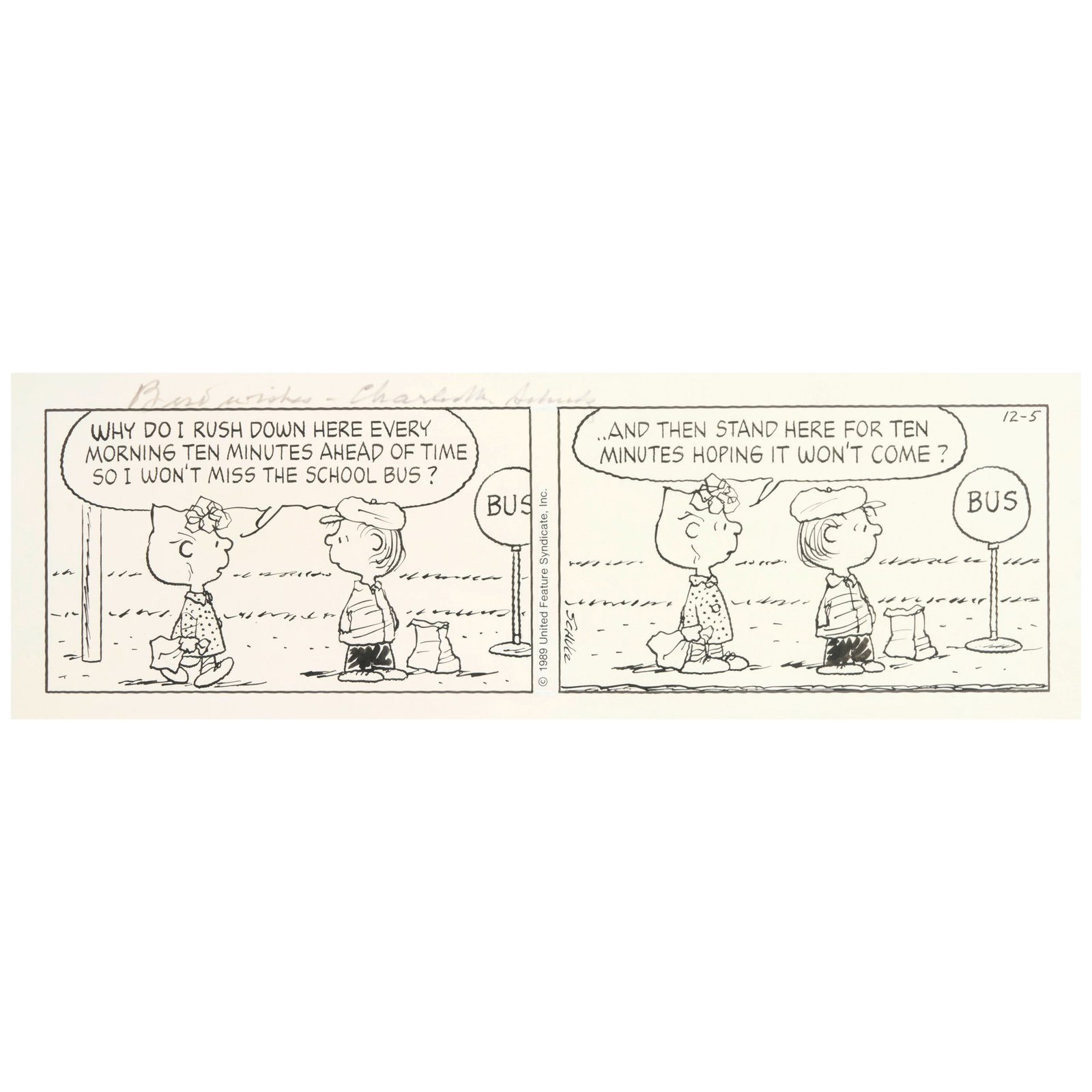 CHARLES M. SCHULZ (1922-2000) Peanuts Daily Comic Strip (December 5, 1989) sheet 7 x 20 3/4 in. ... (1 of 1)