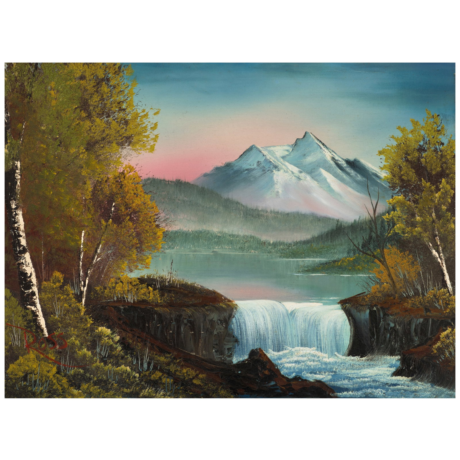 BOB ROSS (1942-1995) Mountain Waterfall 18 x 24 in. (45.7 x 61 cm.) (Painted in 1983.): BOB ROSS (1942-1995) Mountain Waterfall signed 'ROSS' (lower left) Bob Ross Wet-on-Wet Technique® on canvas 18 x 24 in. (45.7 x 61 cm.) Painted in 1983. Footnotes: Provenance Public Broadcast
