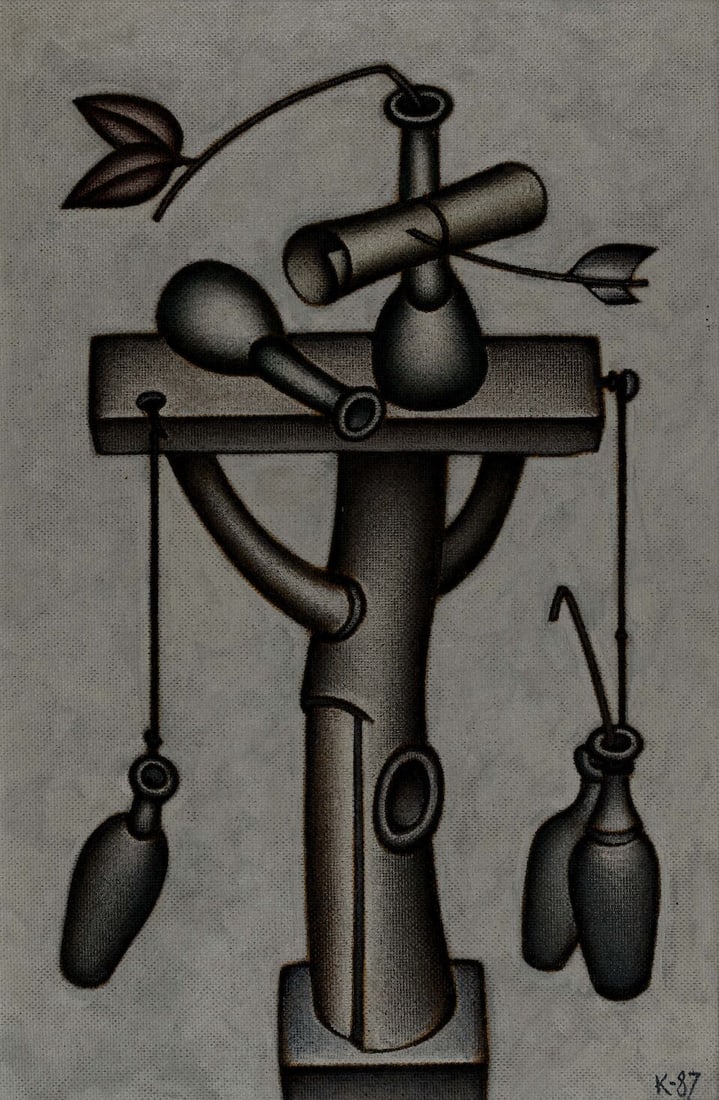 Dmitry Krasnopevtsev (Russian, 1925-1995) Nature morte à l'arbre et aux pots/ Still Life wi...: Dmitry Krasnopevtsev (Russian, 1925-1995) Nature morte à l'arbre et aux pots/ Still Life with Tree and Jars signé des initiales en caractères cyrilliques et daté « K-87 »
