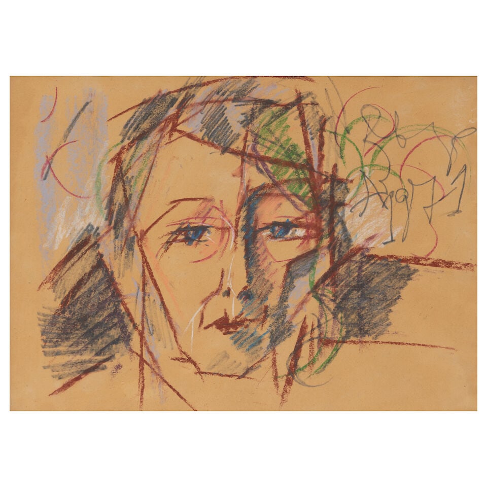 Anatoly Zverev (Russian, 1931-1986) Portrait de femme aux yeux bleus/ Female portrait with blue ...: Anatoly Zverev (Russian, 1931-1986) Portrait de femme aux yeux bleus/ Female portrait with blue eyes signé en cyrillique et daté « 1971 » (en haut à droite) pastel sur papier 