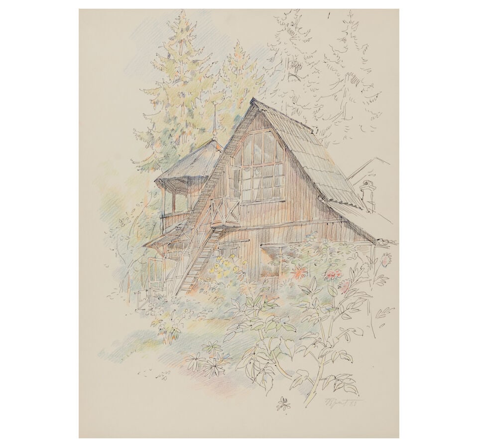 Erik Bulatov (Russian/French, 1933-2025) La datcha de l'artiste/ The Artist's Dacha (signed in C...: Erik Bulatov (Russian/French, 1933-2025) La datcha de l'artiste/ The Artist's Dacha signé en cyrillique et daté « 80 » (en bas à droite) crayons de couleur et plume sur papier
