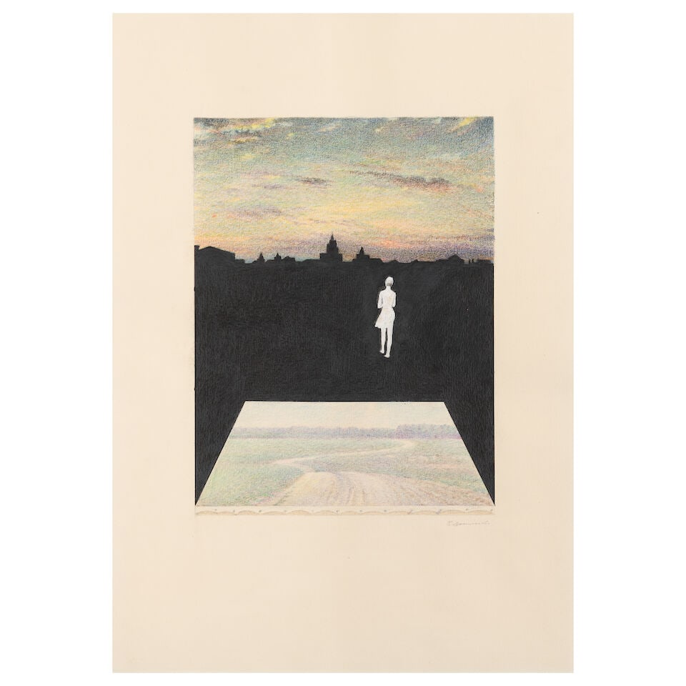 Oleg Vassiliev (Russian, 1931-2013) Tableau tombé/ Fallen painting, circa 1973 unframed (si...: Oleg Vassiliev (Russian, 1931-2013) Tableau tombé/ Fallen painting, circa 1973 signé en cyrillique (en bas à droite) crayons de couleur sur papier 50 x 35cm (19 11/16 x 13 3/4in). unfra