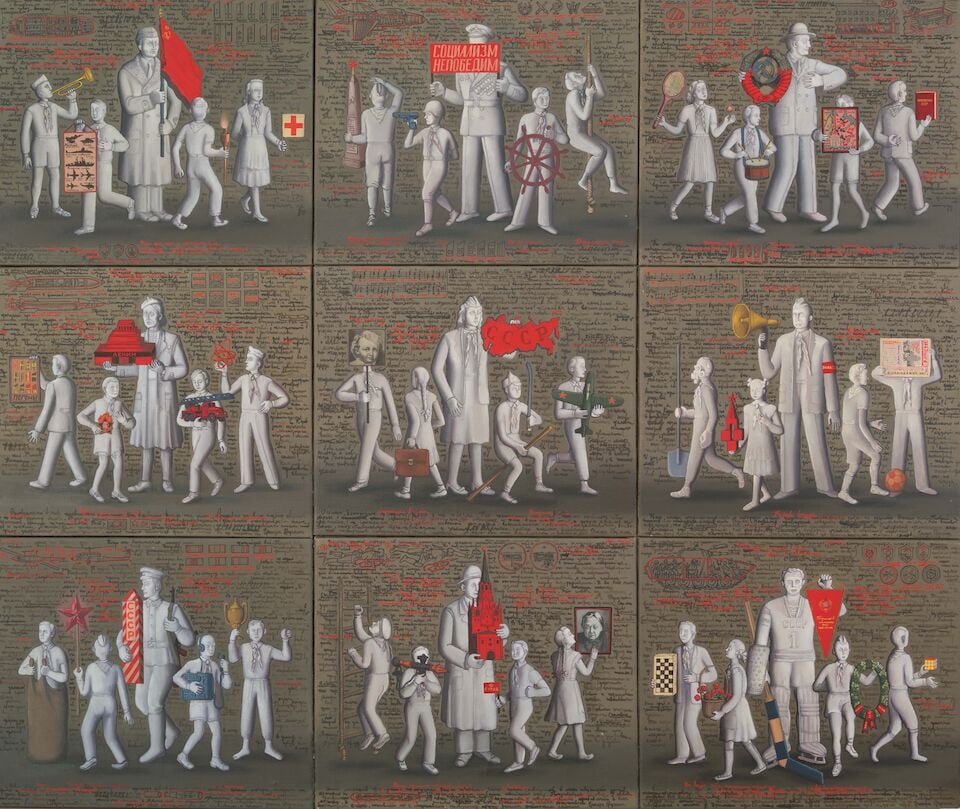 Grisha Bruskin (Russian, born 1945) Logie (signed in Cyrillic each panel; further signed, inscri...: Grisha Bruskin (Russian, born 1945) Logie signé en caractères cyrilliques sur chaque panneau ; également signé, annoté « Moscou » et daté « 1986 » (au
