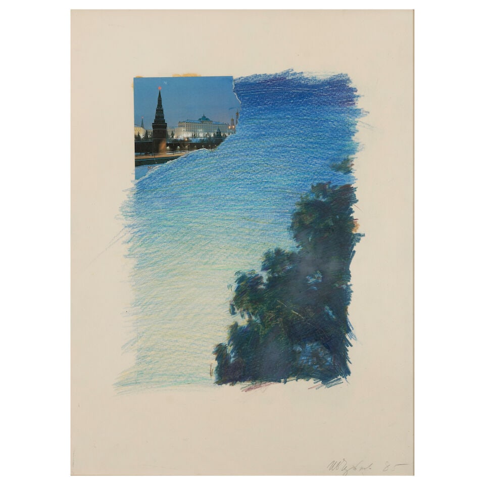 Ivan Chuikov (Russian, 1935-2020) Moscou/ Moscow (signed in Cyrillic (lower left)oil pencils an...: Ivan Chuikov (Russian, 1935-2020) Moscou/ Moscow signé en cyrillique (en bas à gauche) crayons de couleur à huile et collage sur papier 36.3 x 48cm (14 5/16 x 18 7/8in). signed in Cyril