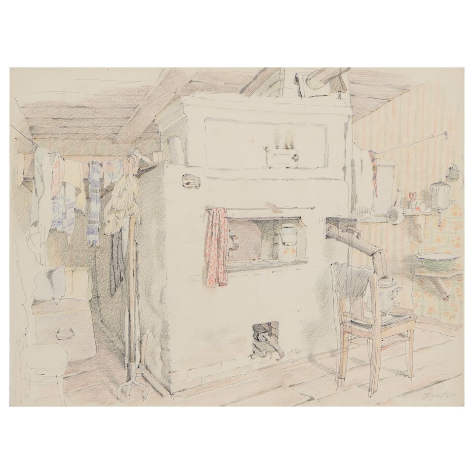 Erik Bulatov (Russian/French, 1933-2025) Intérieur de la datcha de l'artiste/ Interior of t...: Erik Bulatov (Russian/French, 1933-2025) Intérieur de la datcha de l'artiste/ Interior of the the Artist's Dacha, 1985 signé en cyrillique et daté « 85 » (en bas à droite