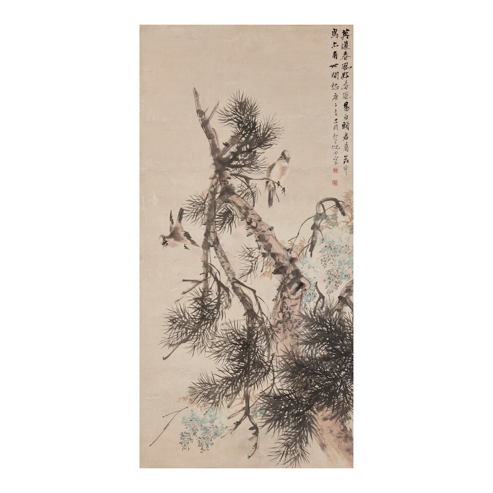 NI TIAN (1855-1919) Pine Tree, Wisteria, and Bird, 1900: NI TIAN (1855-1919) Pine Tree, Wisteria, and Bird, 1900 Hanging scroll, ink and color on paper, inscribed by the artist, dated gengzi and signed Ni Tian with two artist's seals. 50 7/8 x 24 5/8in (129