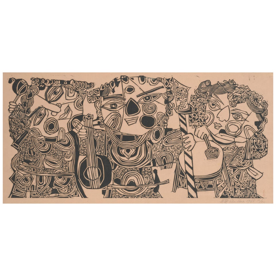 WU HAO (1932-2019); HAN HSIANG-NING (HAN XIANGNING, BORN 1939) Three Musicians, 1968; Abstract C...: WU HAO (1932-2019); HAN HSIANG-NING (HAN XIANGNING, BORN 1939) Three Musicians, 1968; Abstract Calligraphy, 1967 Two artworks, both matted, framed and glazed, one woodcut print on paper, inscribed by 