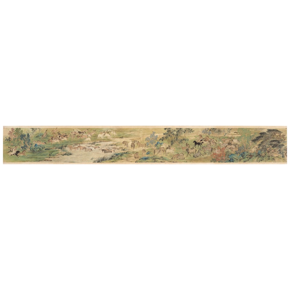 ANONYMOUS, 20th century One Hundred Horses: ANONYMOUS, 20th century One Hundred Horses Horizontal scroll, ink and color on paper, mounted on board, unsigned and absent artist's seals. 22 1/2 x 184 1/4in (57 x 468cm) Footnotes: 佚名&