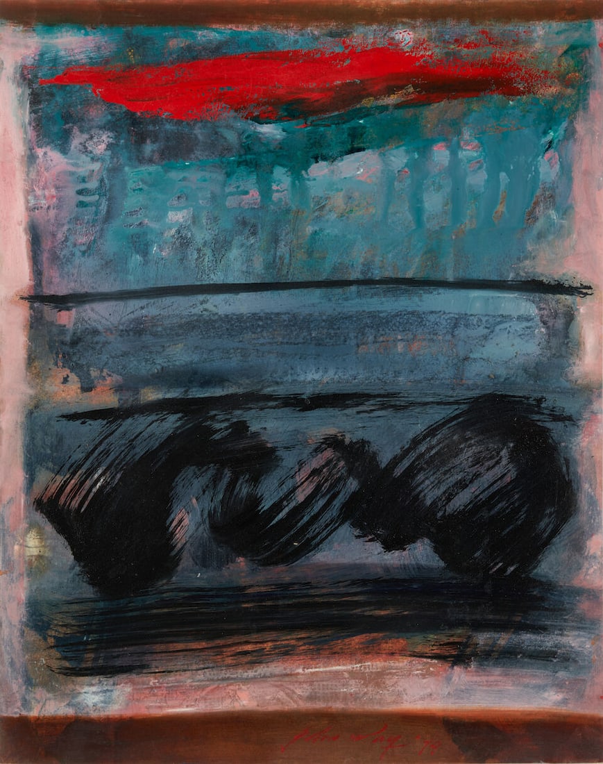 JOHN WAY (WEI LETANG, 1921-2012) Untitled (Red/Green/Black), 1979: JOHN WAY (WEI LETANG, 1921-2012) Untitled (Red/Green/Black), 1979 Oil on paper, unframed, signed and dated John Way, 79. 24 x 19in (61 x 48.3cm) Footnotes: Provenance: The family of the artist, by