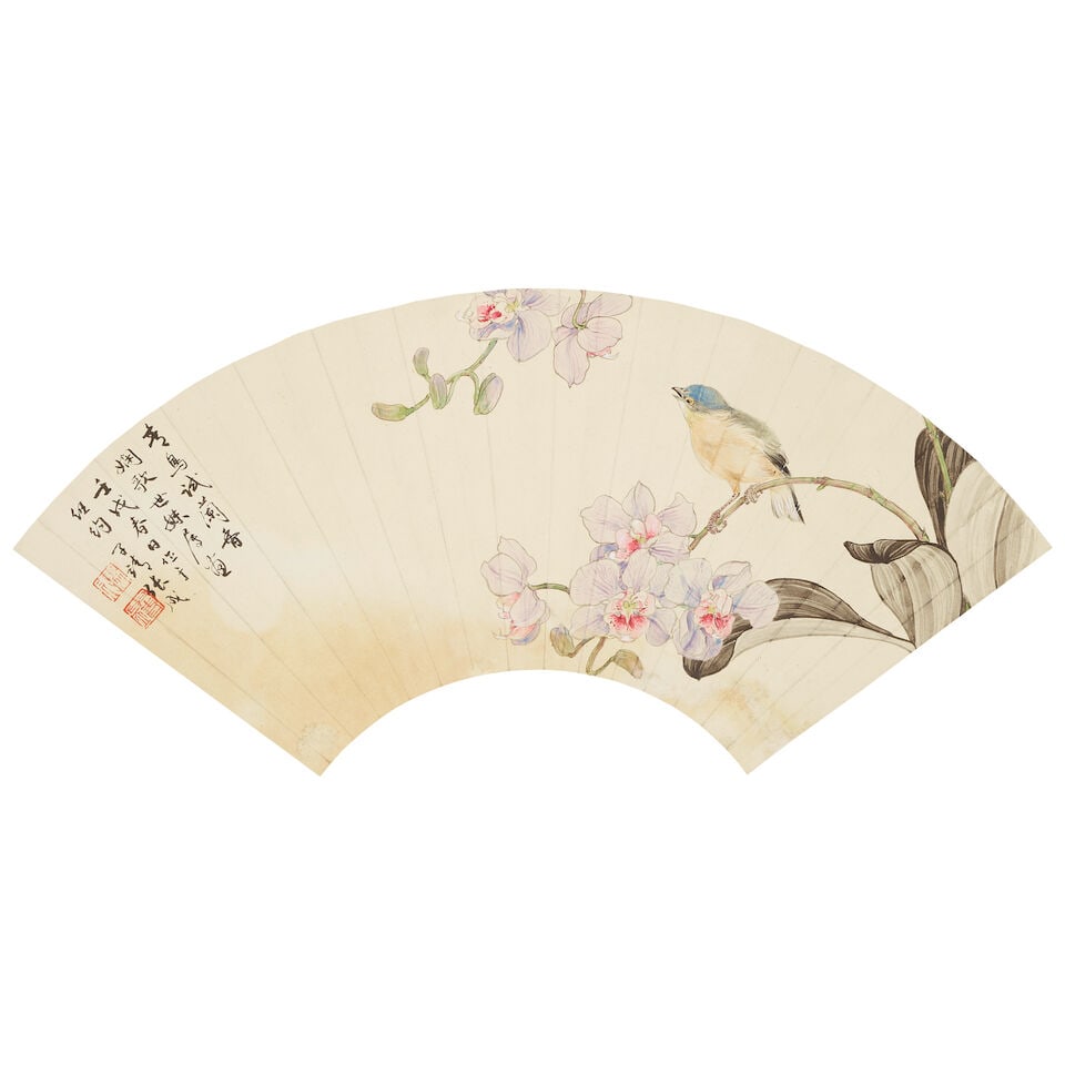 ZHANG SHOUCHENG (1918-2013) Bird and Orchid/Ink Lotus, 1982 (2): ZHANG SHOUCHENG (1918-2013) Bird and Orchid/Ink Lotus, 1982 Two paintings, the first a fan, ink and color on paper, inscribed by the artist and dated renxu and signed Zijing Zhang Cheng with two artis