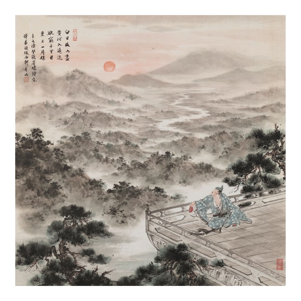 FU YIYAO (BORN 1947) Poet Wang Zhihuan, 1998: FU YIYAO (BORN 1947) Poet Wang Zhihuan, 1998 Ink and color on paper, mounted, framed, and glazed, inscribed by the artist and signed Fu Yiyao with three artist's seals. 28 1/4 x 28 1/8in (71.5 x