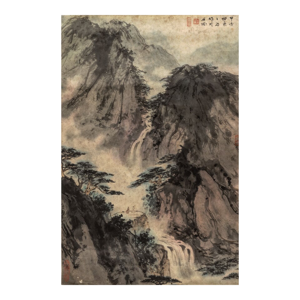 FU ERSHI (1936-2017) Landscape, 1984: FU ERSHI (1936-2017) Landscape, 1984 Mounted, ink and color on paper, inscribed by the artist and dated jiazi, signed Ershi, with four artist's seals. 27 x 18in (69 x