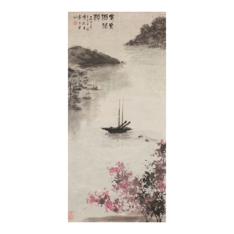FU BAOSHI (1904-1965) Fishing Harbor, 1963: FU BAOSHI (1904-1965) Fishing Harbor, 1963 Hanging scroll, ink and color on paper, dated mid-May 1963, signed Fu Baoshi, with two artist's seals. 30 3/4 x 14 3/8in (78.3 x 36.4cm) *double