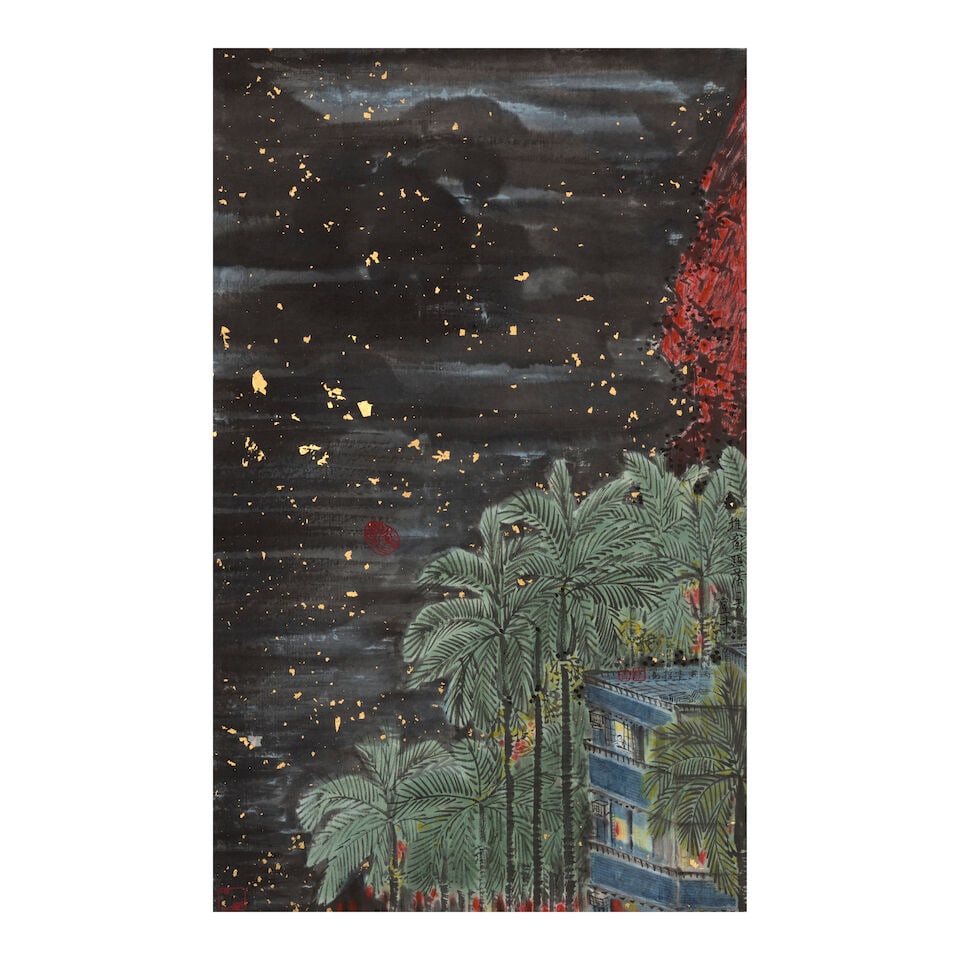 LO CH'ING (LUO QING, BORN 1948) Evening Starlit Landscape, 1986: LO CH'ING (LUO QING, BORN 1948) Evening Starlit Landscape, 1986 Hanging scroll, ink and color on gold fleck paper, inscribed by the artist, dated bingyin, signed Qing with four artist's seals, the