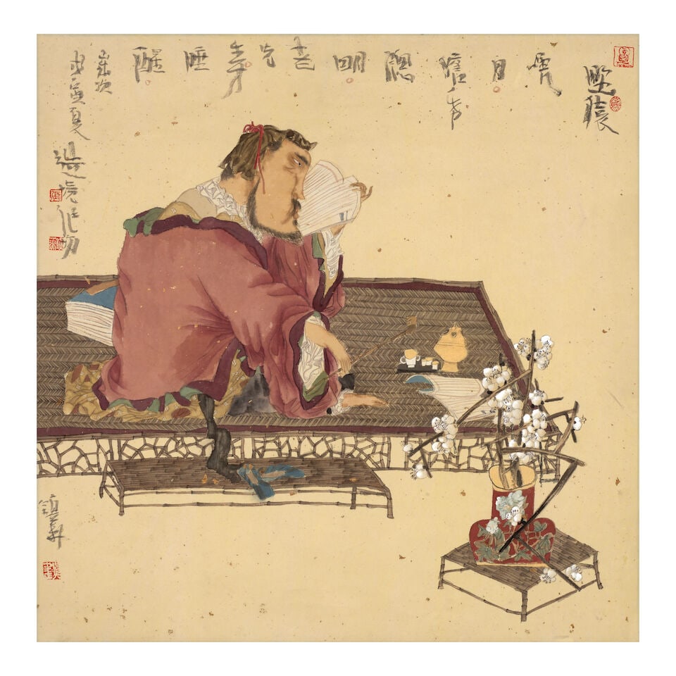 ZHANG ZHENHUA (BORN 1942)*** Figural Paintings (3): ZHANG ZHENHUA (BORN 1942)*** Figural Paintings Three hanging scrolls, each ink and color on gold fleck paper, each scroll inscribed by the artist with a total of fourteen artist's seals. 24 1/2 x 25in