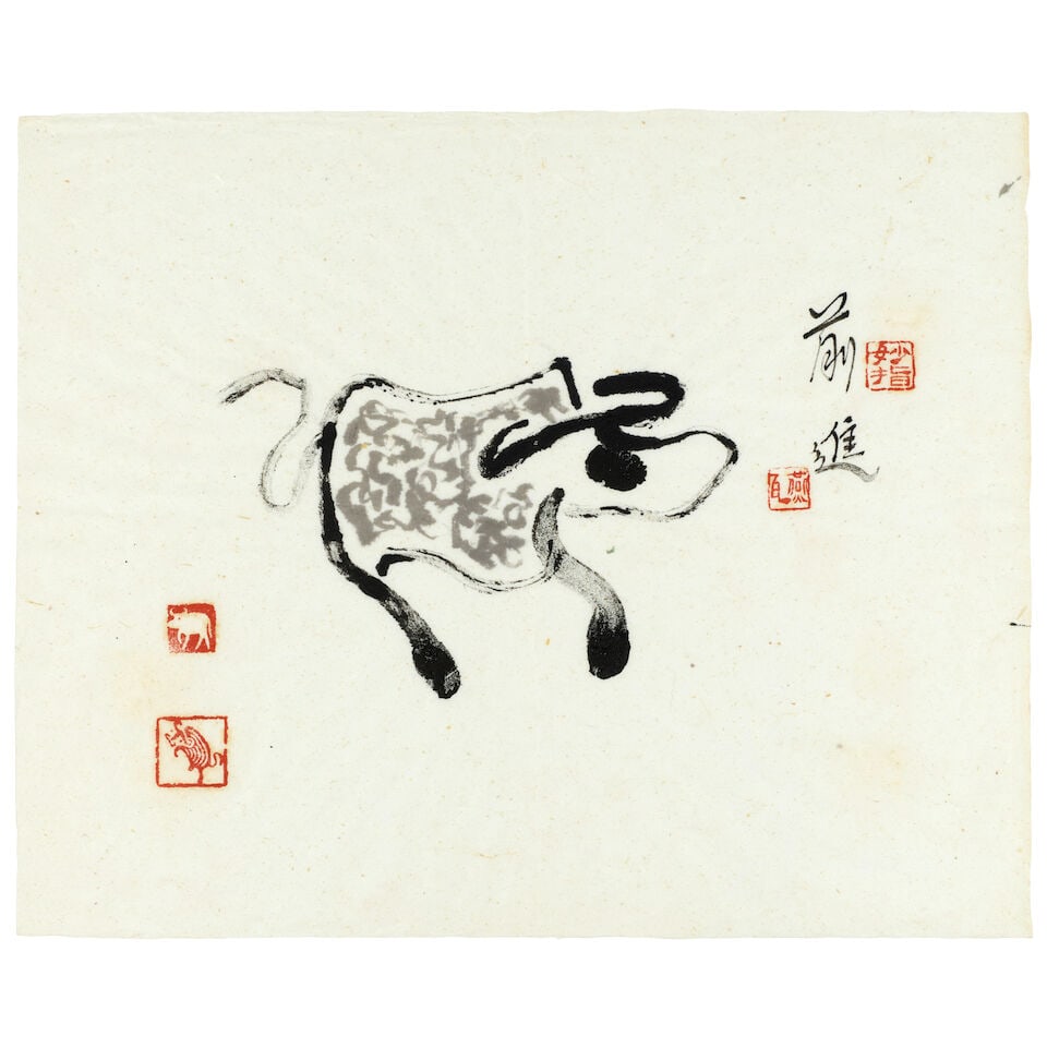 JIAO YI (1917-2011); YU SHICHAO (BORN 1953) Finger Paintings of Ink Cows for Yien Koo-King, 199... - 5