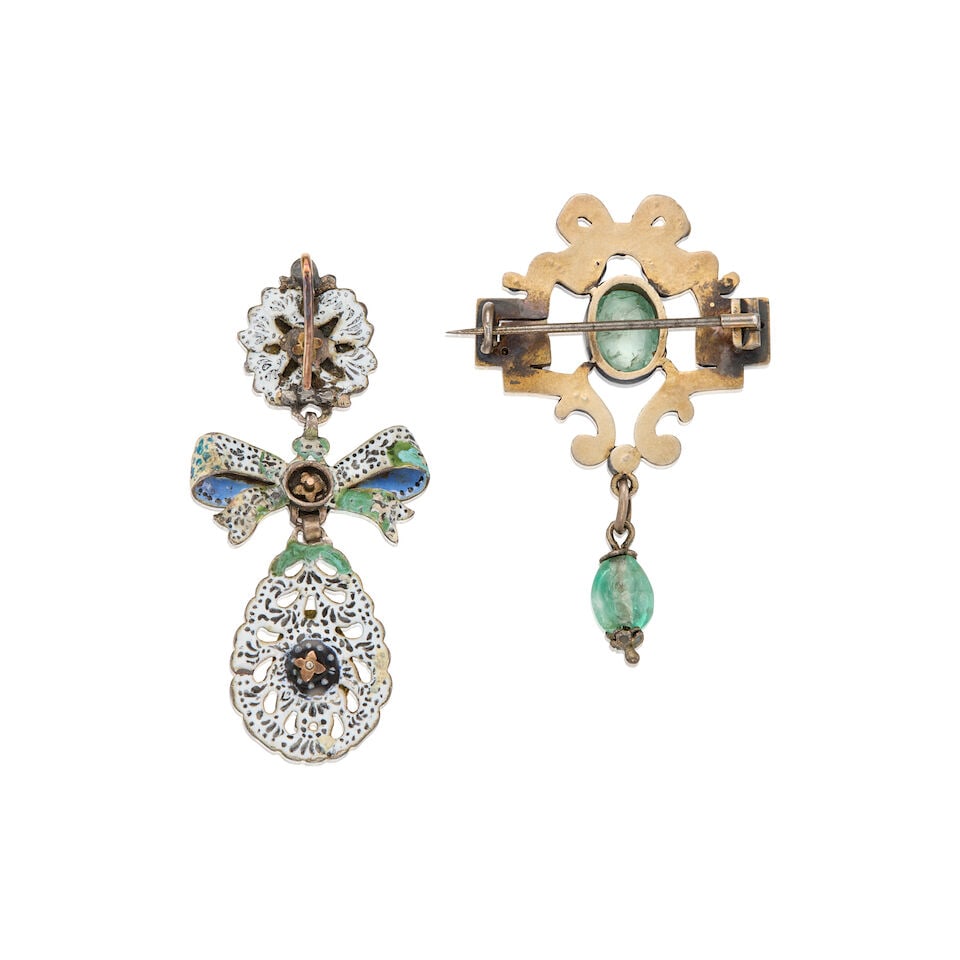 ANTIQUE MIXED METAL GOLD PLATED, GEMSTONE, ENAMEL PENDANT AND BROOCH - 2
