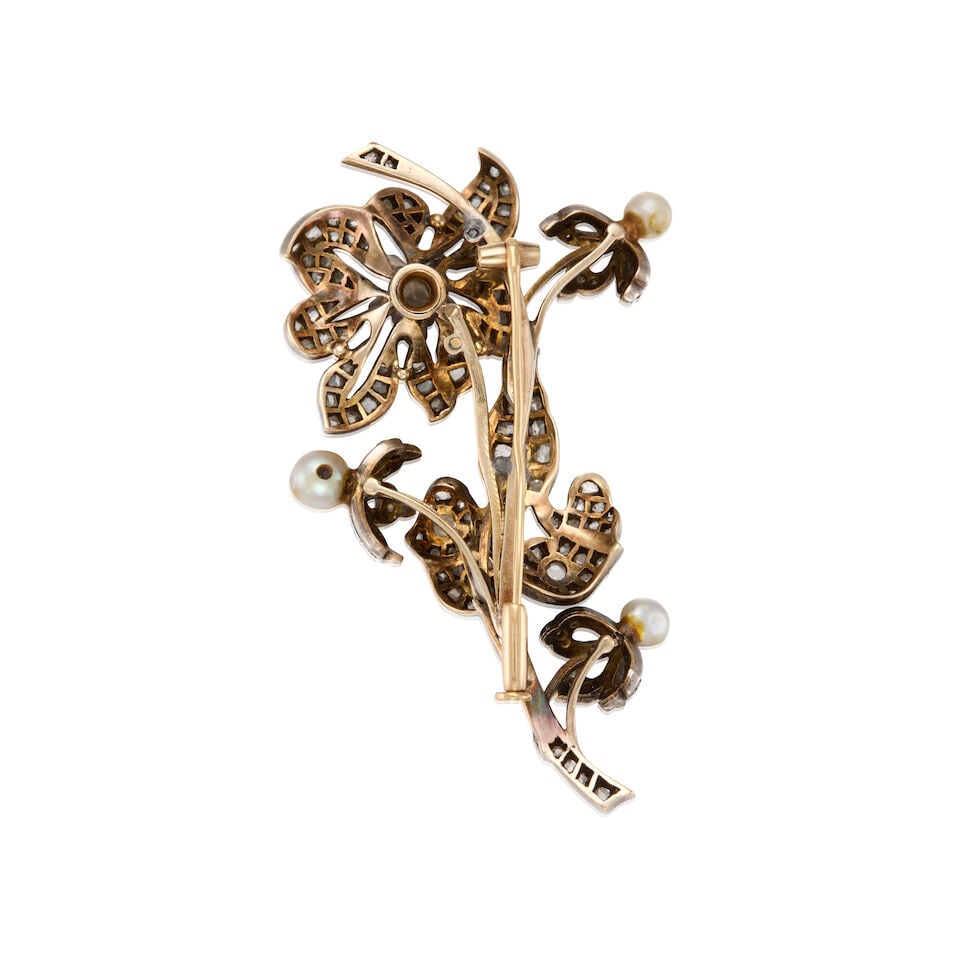 ANTIQUE DIAMOND AND CULTURED PEARL BROOCH - 3