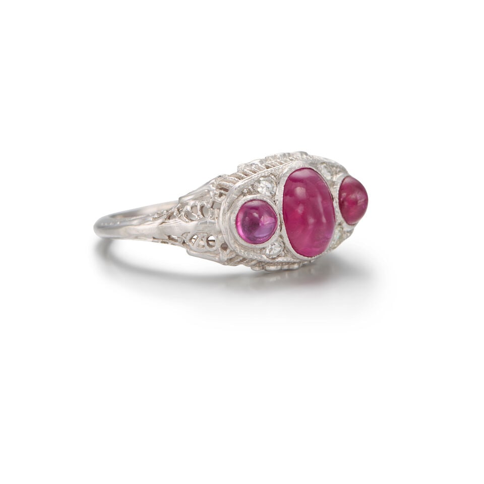 ANTIQUE 14K WHITE GOLD SYNTHETIC RUBY AND DIAMOND RING - 2