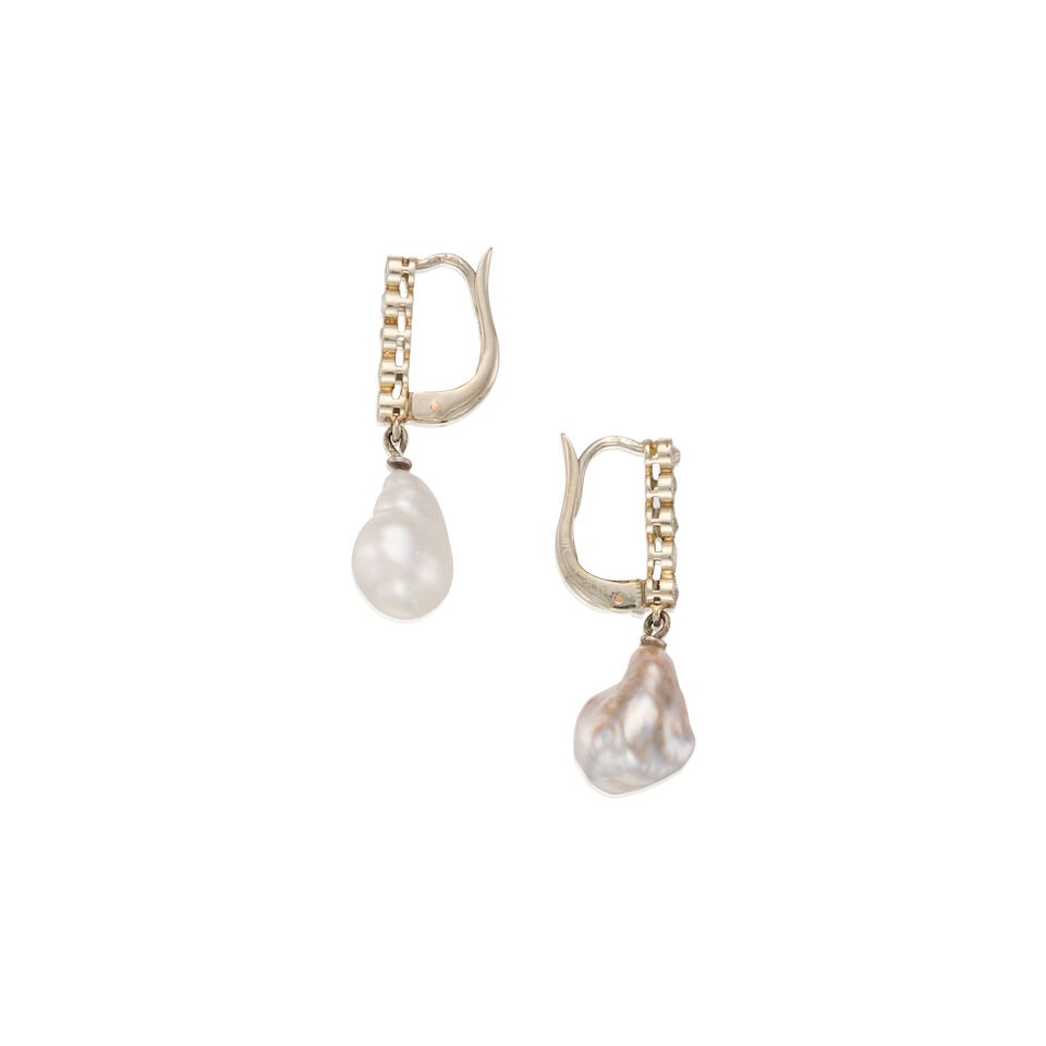 ANTIQUE 18K WHITE GOLD, CULTURED PEARL, AND DIAMOND EARRINGS - 2