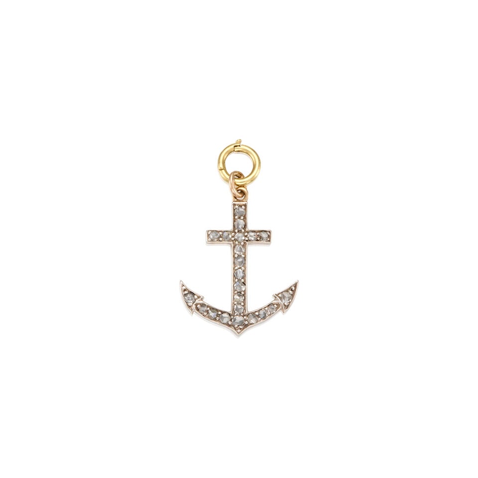ANTIQUE DIAMOND PENDANT: ANTIQUE DIAMOND PENDANT • Silver topped 8K yellow gold and 18K yellow gold • Numerous round shaped diamonds weighing approximately 0.20 carat total • Measures 1 1/4 in. x 7/8 in. 
