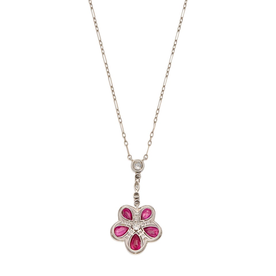 VINTAGE SYNTHETIC RUBY AND DIAMOND NECKLACE - 2