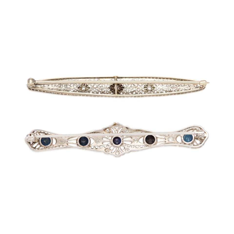 TWO ANTIQUE SAPPHIRE AND DIAMOND BAR BROOCHES - 2