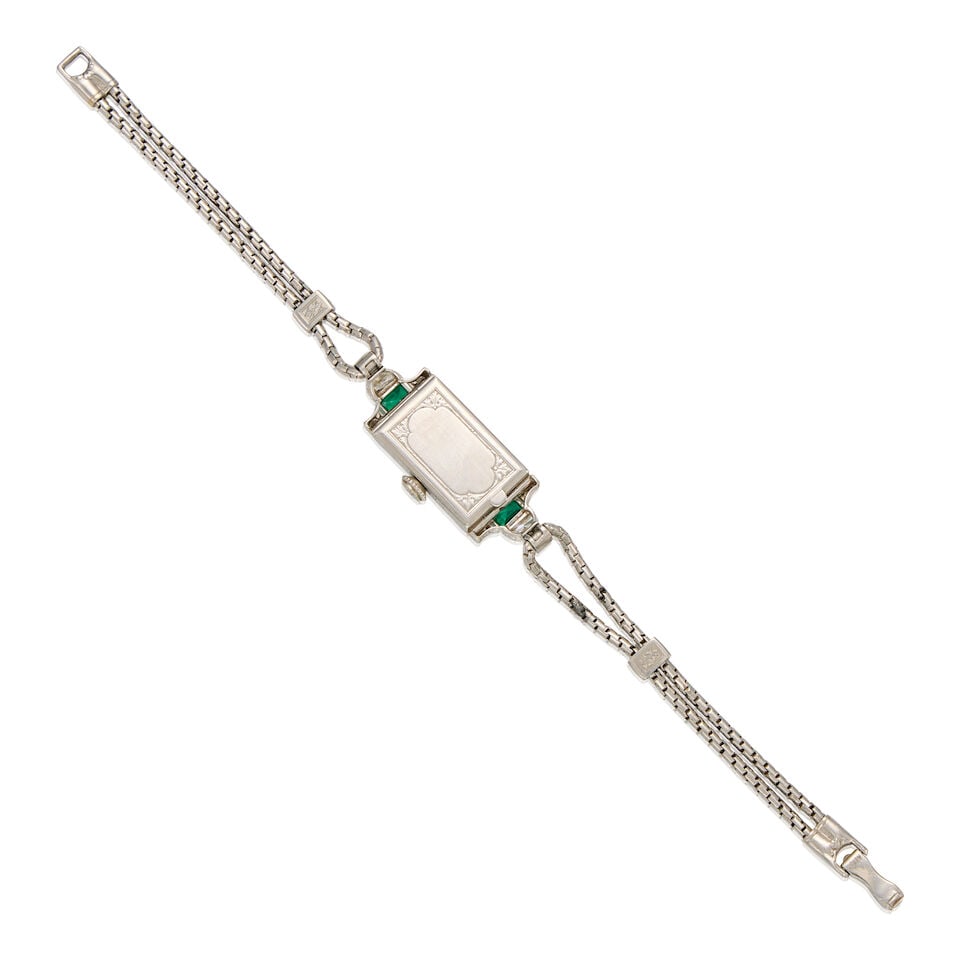 ANTIQUE PLATINUM, EMERALD, AND DIAMOND WRISTWATCH - 2