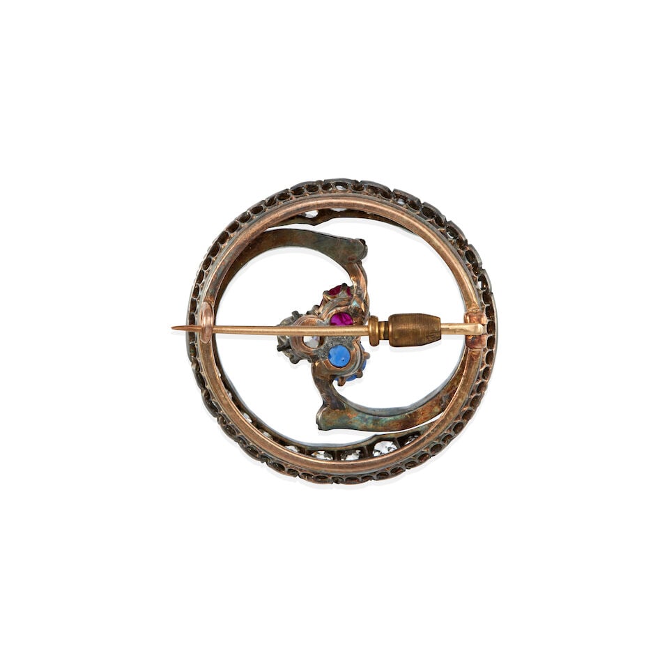 ANTIQUE DIAMOND, SAPPHIRE AND RUBY BROOCH - 2
