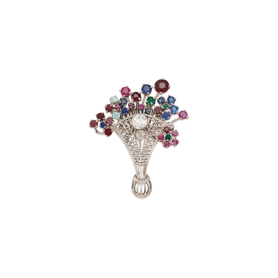 ANTIQUE 14K WHITE GOLD MULTISTONE BASKET BROOCH: ANTIQUE 14K WHITE GOLD MULTISTONE BASKET BROOCH • Ten round shaped pink sapphire weighing approximately 0.42 carat total • Eight round and one cabochon shaped sapphire weighing